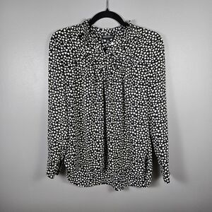 J. CREW Blouse Heart Printed Pintuck Popover Black Cream Ivory Long Sleeve SZ 0